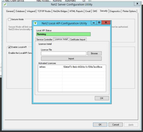 Net2 Local API Configuration Utility showing Running status