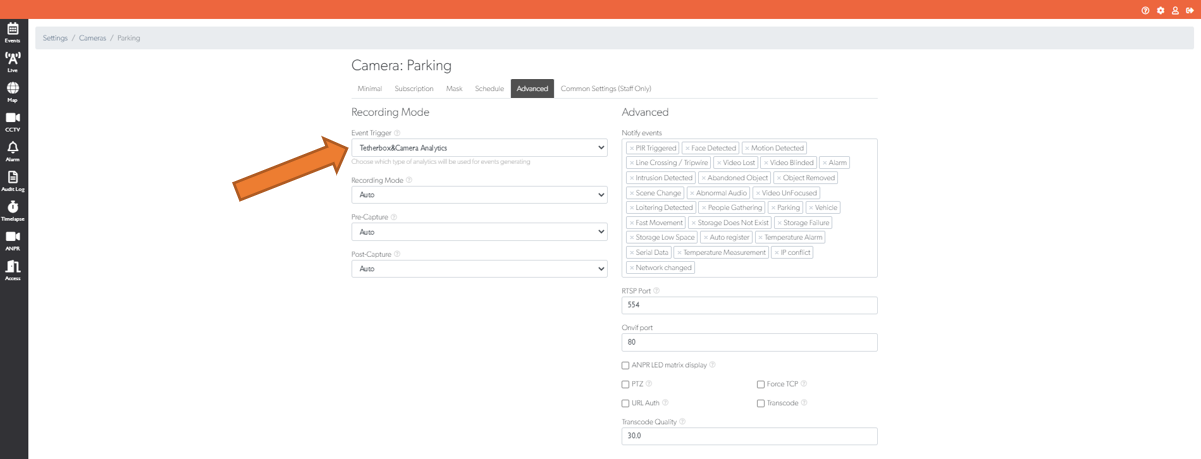 TetherX camera Advanced tab with Event Trigger set to TetherBox & Camera Analytics