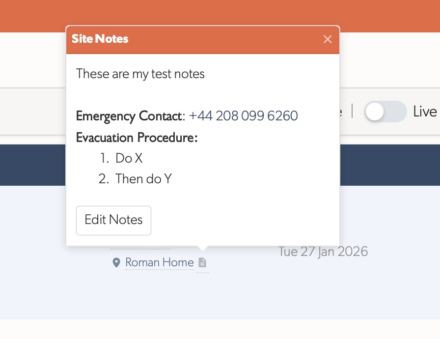 Site notes popover with emergency contact and procedures