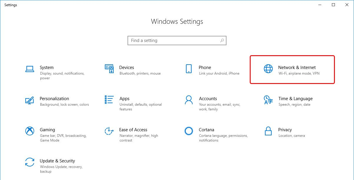 Windows Settings with Network & Internet highlighted