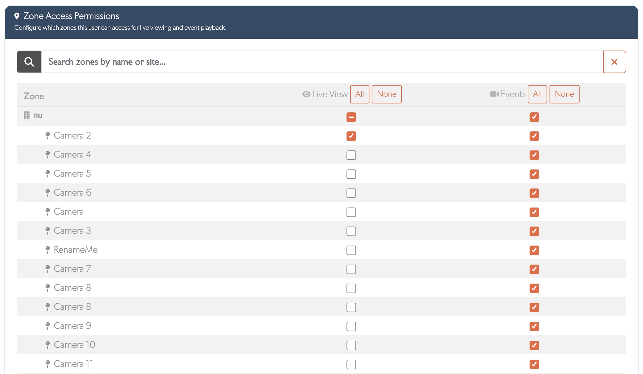 Zone Access Permissions table with camera list