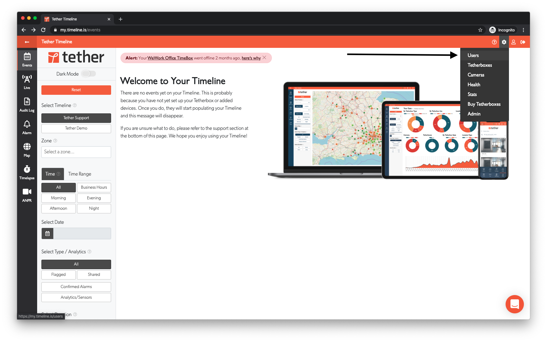 Settings menu showing Users