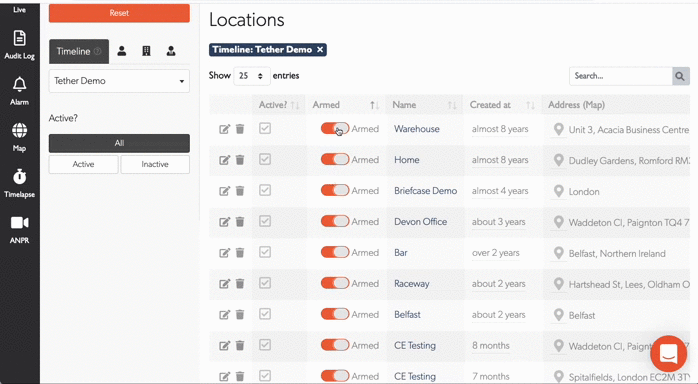 Sites page with arm toggles
