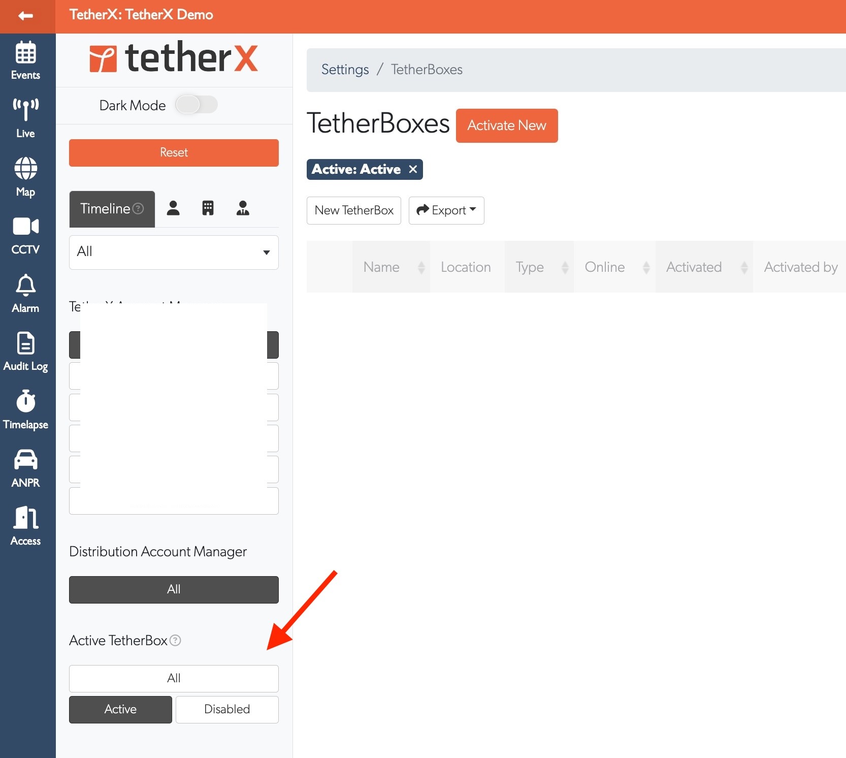 Active TetherBox filter showing Active and Disabled options