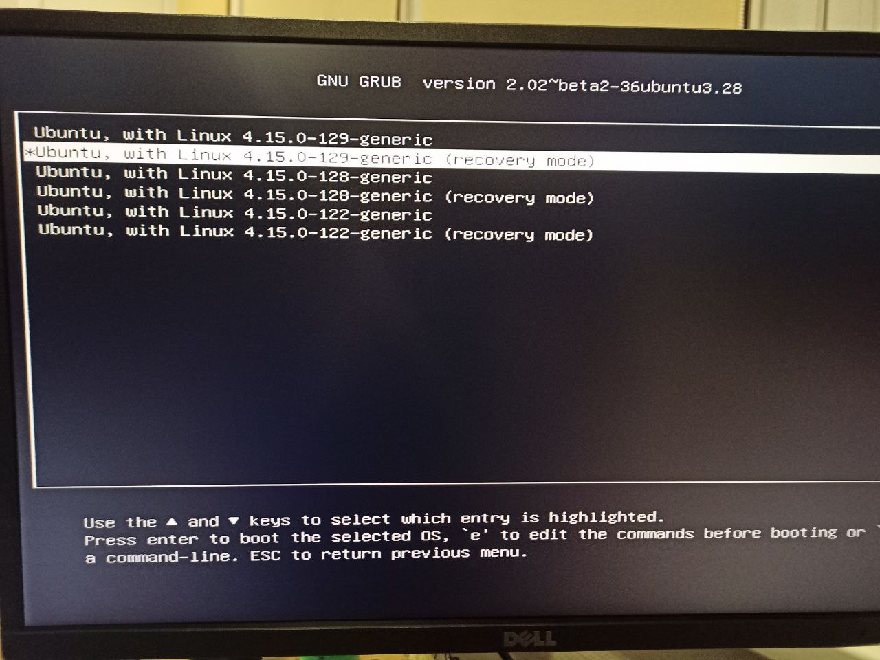 GRUB recovery mode selection